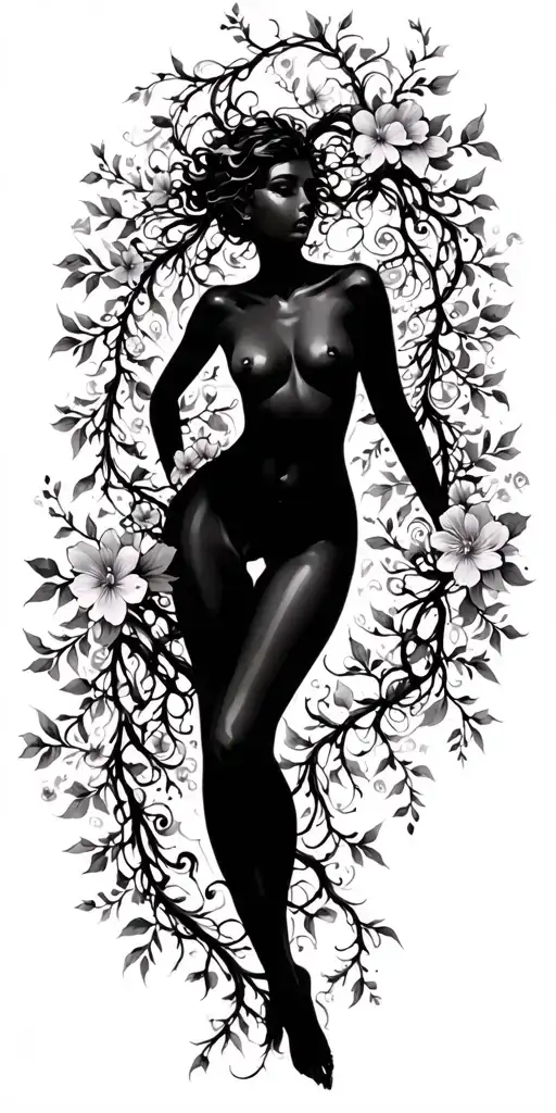 Sensual Woman Full Body Silhouette Intertwined With Vines And Flowers Loosely