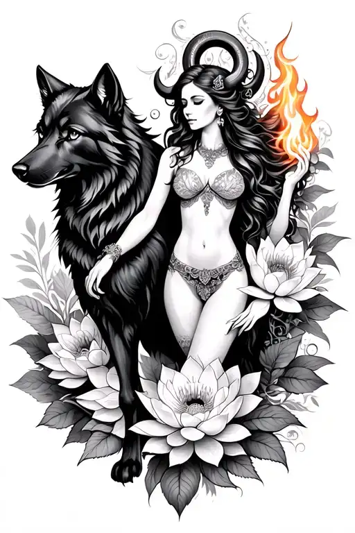 Aries Sexy Goddess Surrounded By Poeny And Lotus Flowers And Black Wolf Holding Fire