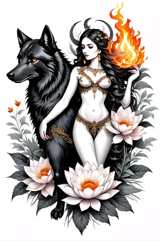Aries Sexy Goddess Surrounded By Poeny And Lotus Flowers And Black Wolf Holding Fire