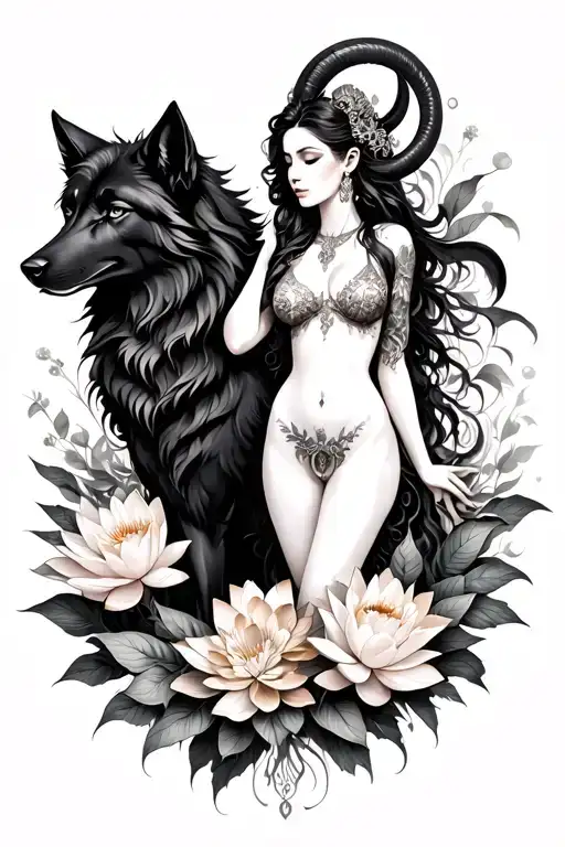 Aries Sexy Goddess Surrounded By Poeny And Lotus Flowers And Black Wolf