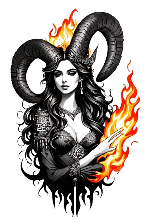 Aries Sexy Goddess In The City Holding Fire With Zodiac Symbols
