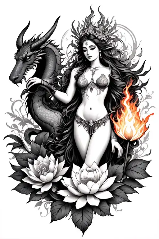 Aries Sexy Goddess Surrounded By Poeny And Lotus Flowers And Dragons Holding Fire