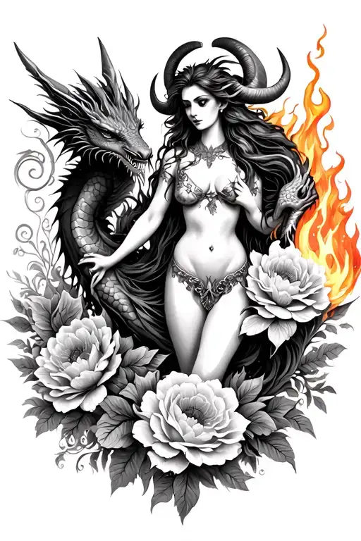 Aries Sexy Goddess Surrounded By Poeny Flowers And Dragons Holding Fire