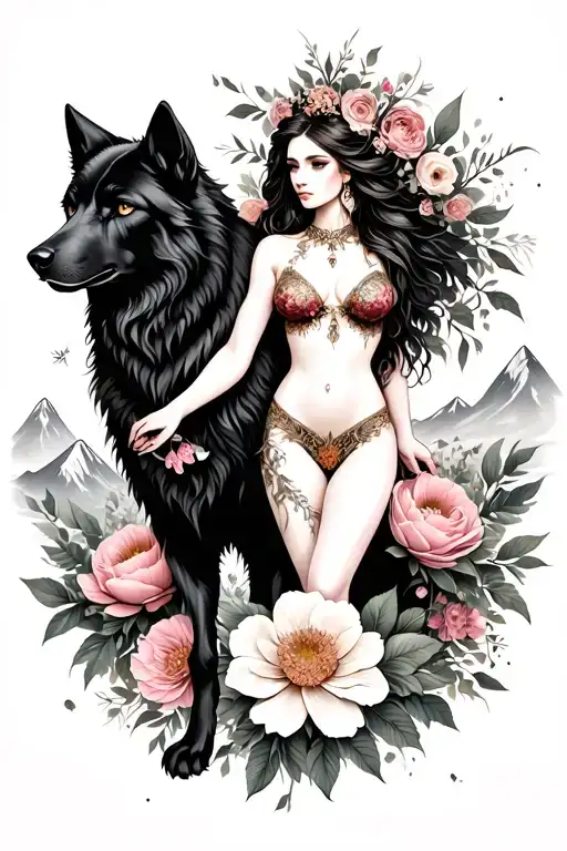 Aries Sexy Goddess Surrounded By Poeny Flowers And Black Wolf With Mountains