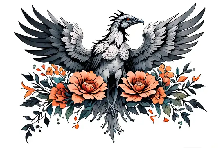 Phoenix With Outstretched Wings And Flowers