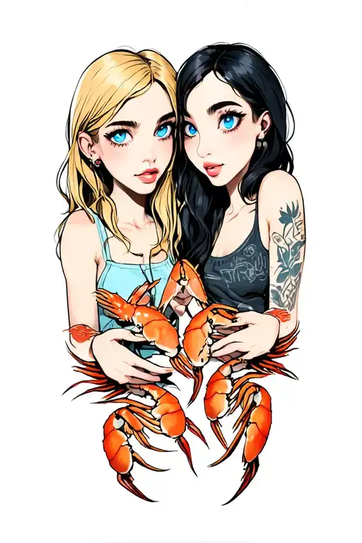 Two Girls Selling Shrimp And Crab Claws With Blue Eyes One Has Blonde Hair One Has Black There