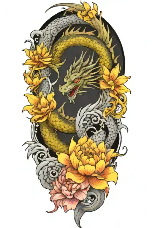 Black And Gray Dragon Tattoo With Lotus And Peony Flowers