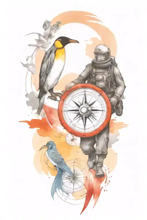 Compass With Scuba Diver And King Penguin