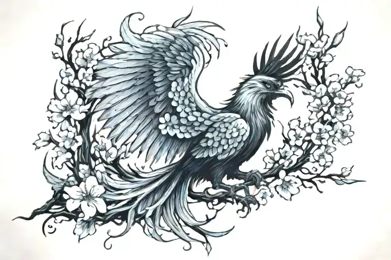 Phoenix And Cherry Blossoms Falling