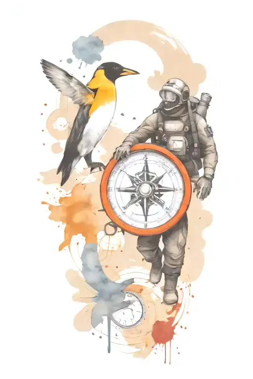 Compass With Modern Scuba Diver And King Penguin