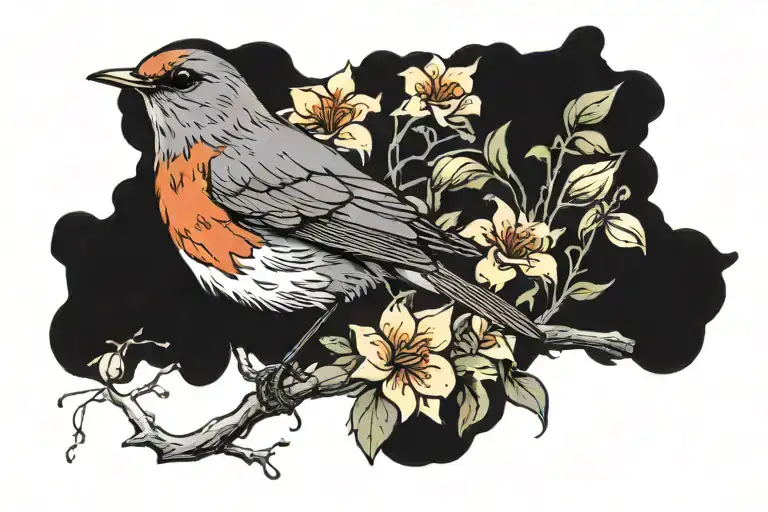 Robin Bird And Flowers Remeberance Of Mom