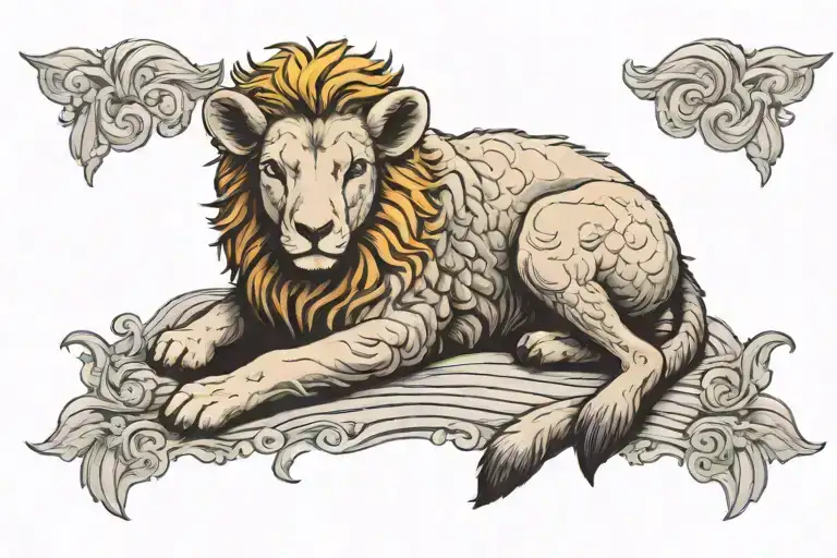 Small Lamb Resting In Lion's Arms