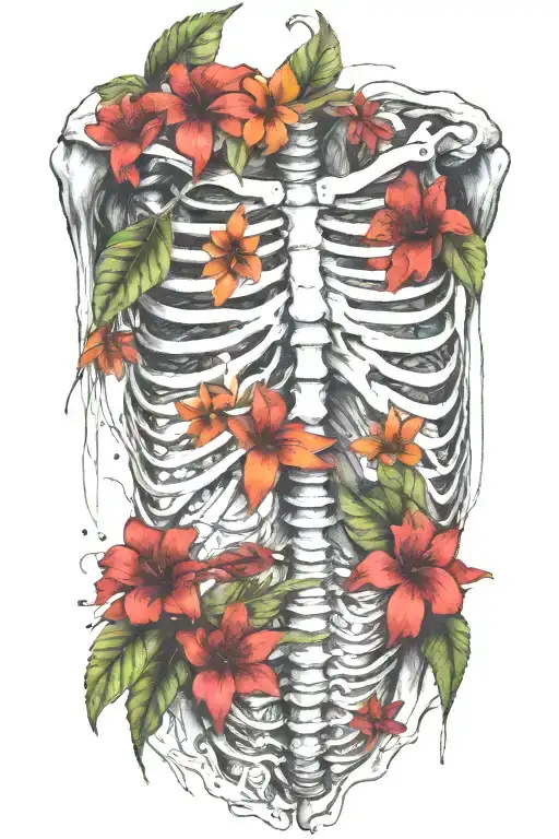Anatomic Human Rib Cage And Spine With Tropical Plants Growing From It