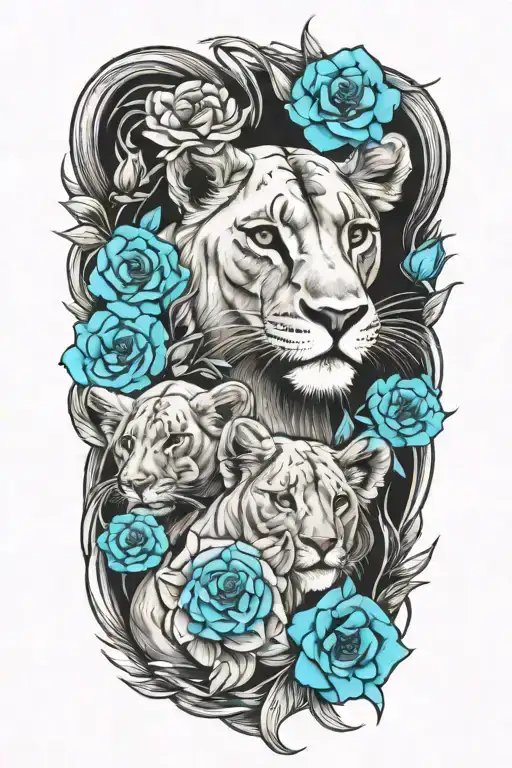 Lioness With Four Cubs And Flowers