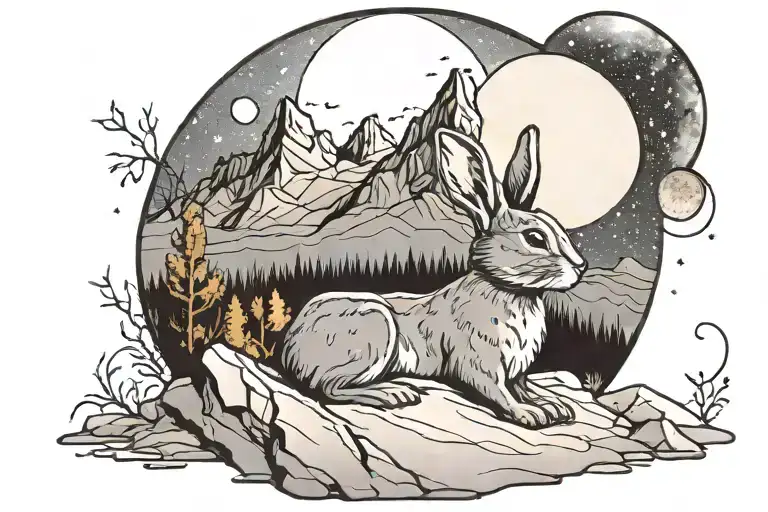 Bunny Looking Up At A Mountain Landscape With Filled Night Sky And The Moon