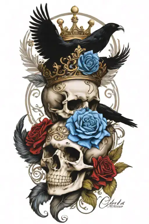 Skull Wearing Crown With Raven On Headand Blue Roses Intertwined