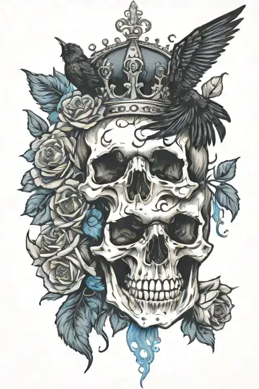 Skull Wearing Crown With Raven On Headand Blue Roses Intertwined