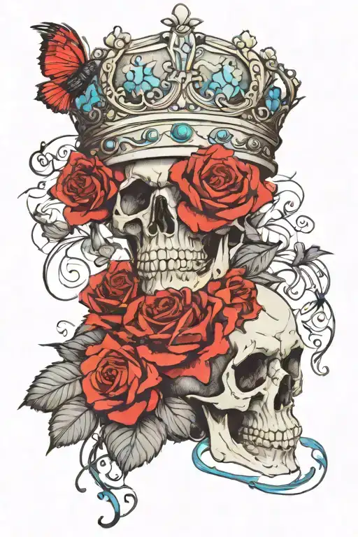 Skull Wearing Crown With Raven On Headand Blue Roses Intertwined