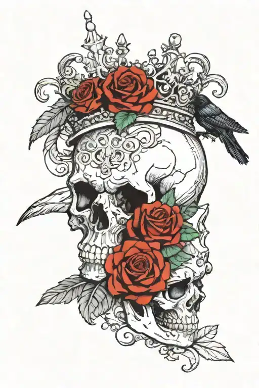 Skull Wearing Crown With Raven On Headand Blue Roses Intertwined