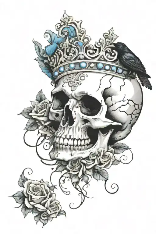 Skull Wearing Crown With Raven On Headand Blue Roses Intertwined