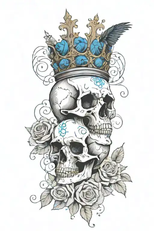Skull Wearing Crown With Raven On Headand Blue Roses Intertwined
