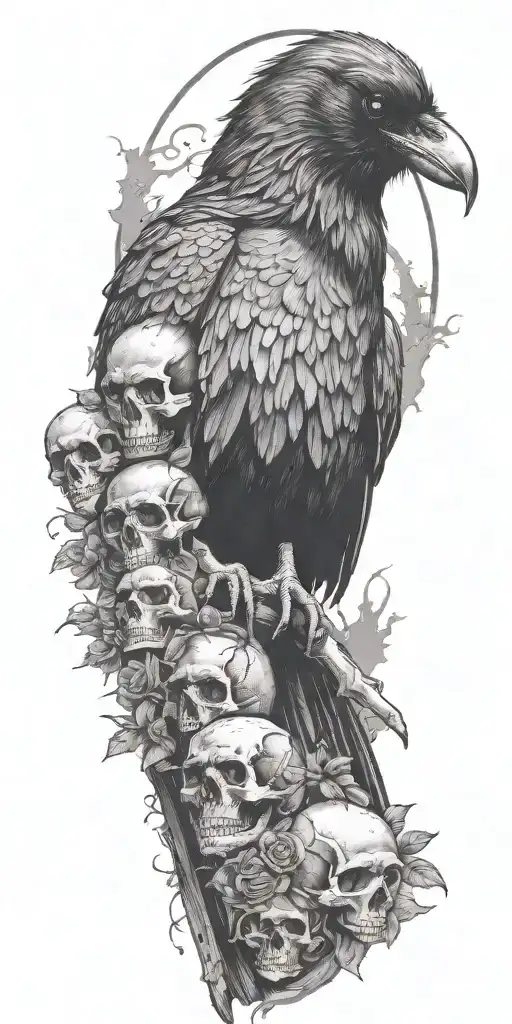 Raven Sitting On Top A Mound Of Skulls And Roses