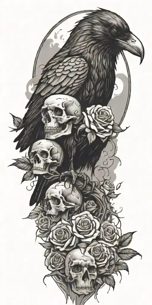 Raven Sitting On Top A Mound Of Skulls And Roses
