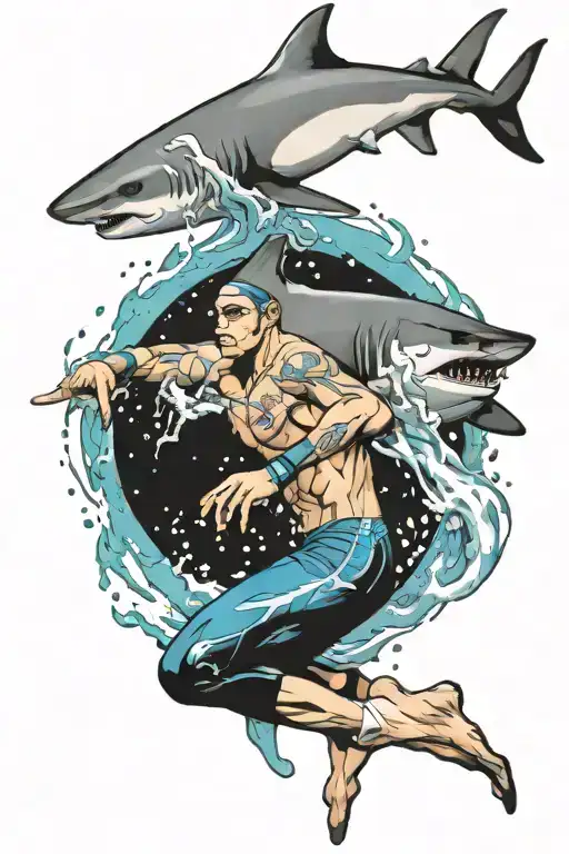 Swimmer With Shark Emerging