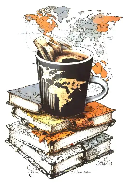 A Coffee Cup Morphing Into A Stack Of Books With A World Map In The Background