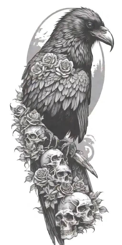 Raven Sitting On Top A Mound Of Skulls And Roses