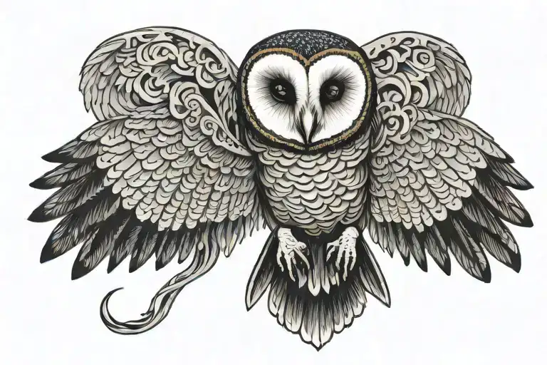 Barn Owl With Wings Spread And A Skull