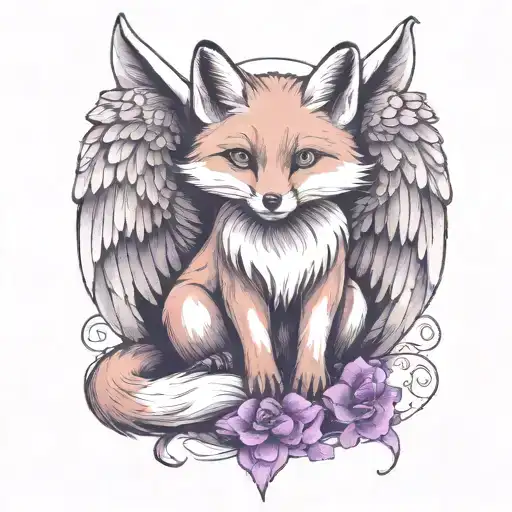 Small Fox Sitting With Angel Wings Wrapped Evenly With Purple Butterfly
