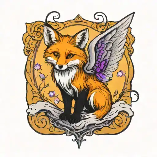 Fox With Angel Wings Flying And Purple Butterfly