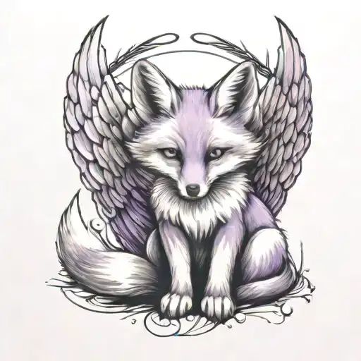 Small Fox Sitting With Angel Wings Wrapped Evenly With Purple Butterfly