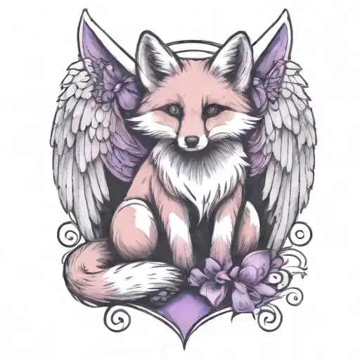 Small Fox Sitting With Angel Wings Wrapped Evenly With Purple Butterfly