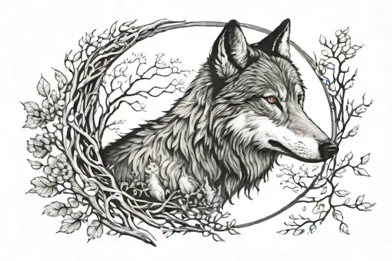 Half Wolf Face Half Tree Of Life Together
