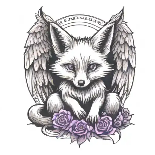 Small Fox Sitting With Angel Wings Wrapped Evenly With Purple Butterfly