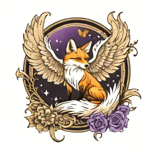 Fox With Angel Wings Flying And Purple Butterfly No Background