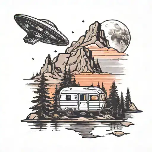 A Camper Gazing Up At A Ufo In The Night Sky Over A Mountain Lake