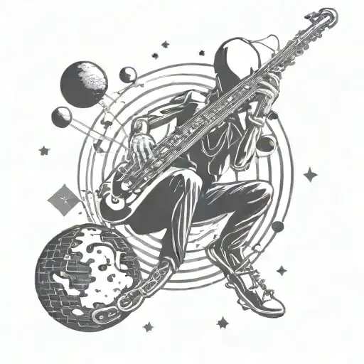A Futuristic Alien Saxophonist Floating In Zero Gravity With Planets As Musical Notes