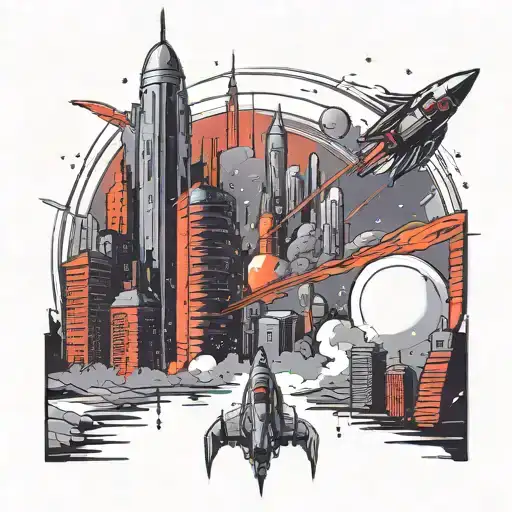 A Futuristic Cityscape On A Distant Planet With Rockets Taking Off In The Background