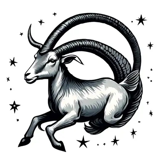 Capricorn Sign With A Goat That Has A Fish Tail Surrounded By Stars