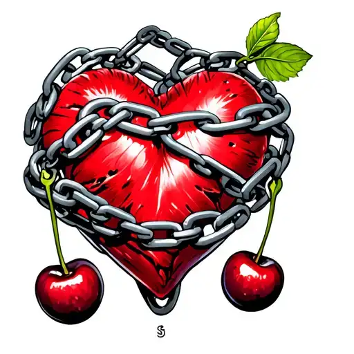 Two Cherries And Heart Organ Wrapped By Chains