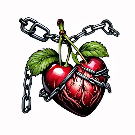 Two Cherries And Heart Organ Wrapped By Chains