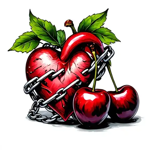 Two Cherries And Heart Organ Wrapped By Chains