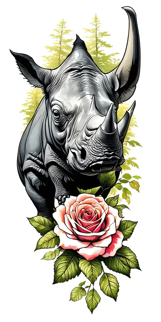 Rhino In Forest Scene Roses Intertwined