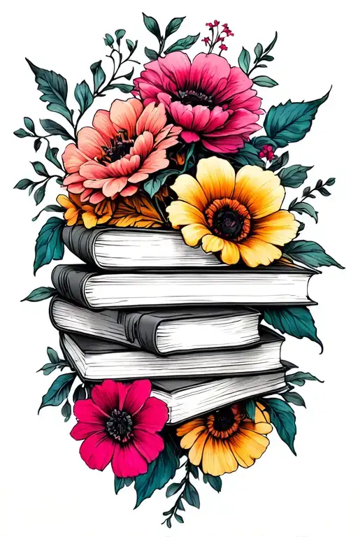 Stack Of Books Behind A Half Sleeve Of Flowers