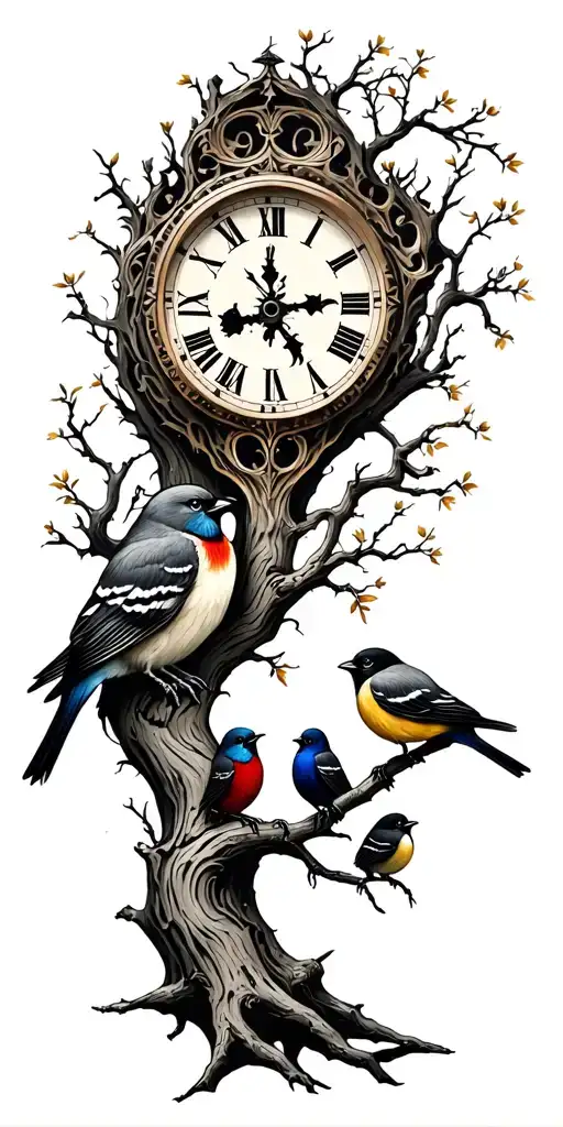 Tree With 3 Little Birds And Clock Face
