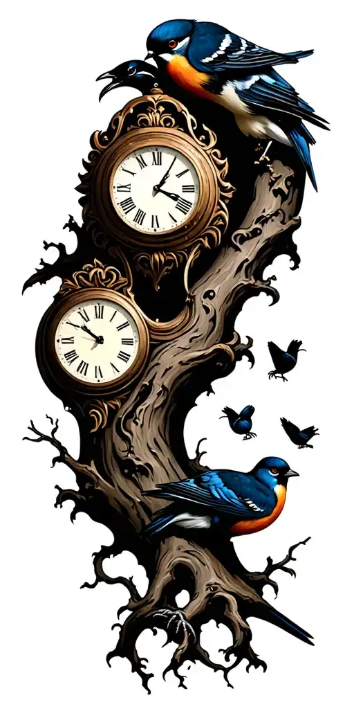 Tree And Clock And 2 Adult Birds And 3 Baby Birds