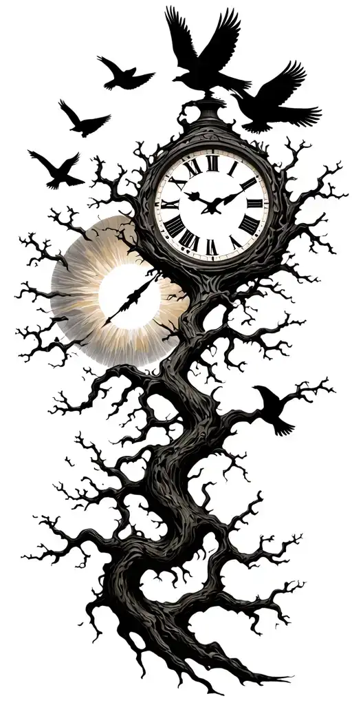 Tree And Clock And 3 Birds Flying Towards The Sun